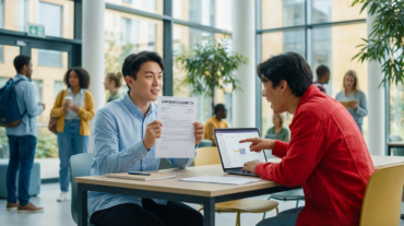 Two young adults review an apprenticeship CV and digital calendar in a modern, sunlit co-working space, planning their future.