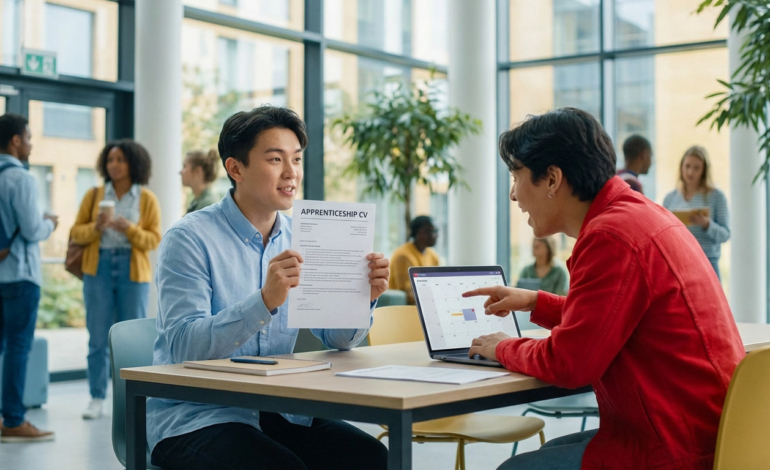 Two young adults review an apprenticeship CV and digital calendar in a modern, sunlit co-working space, planning their future.