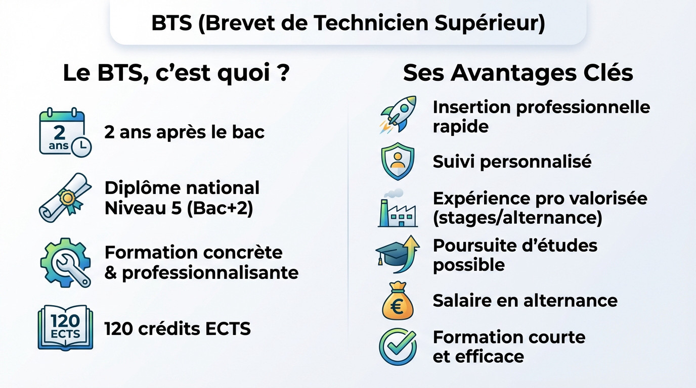 Schéma explicatif du BTS : diplôme Bac+2, insertion pro et avantages de l'alternance