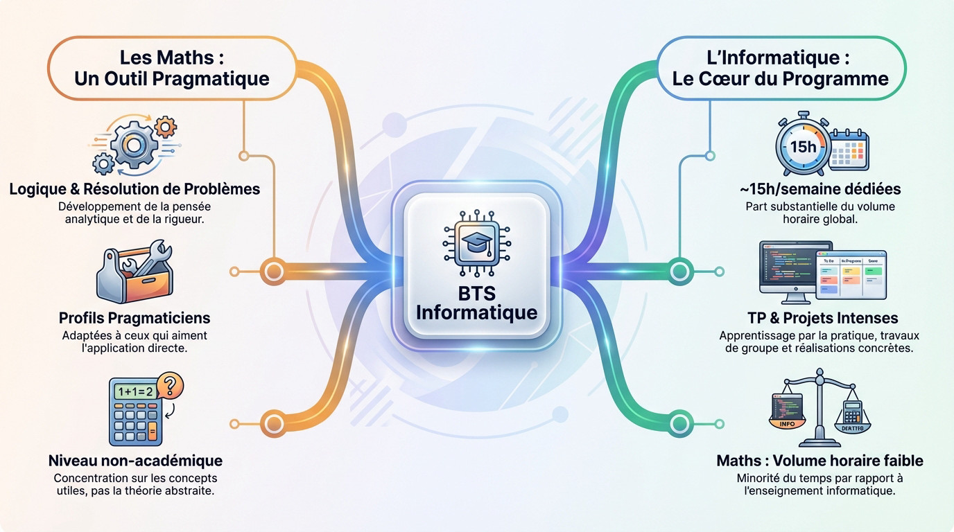 Illustration montrant l'équilibre entre logique mathématique et pratique informatique en BTS