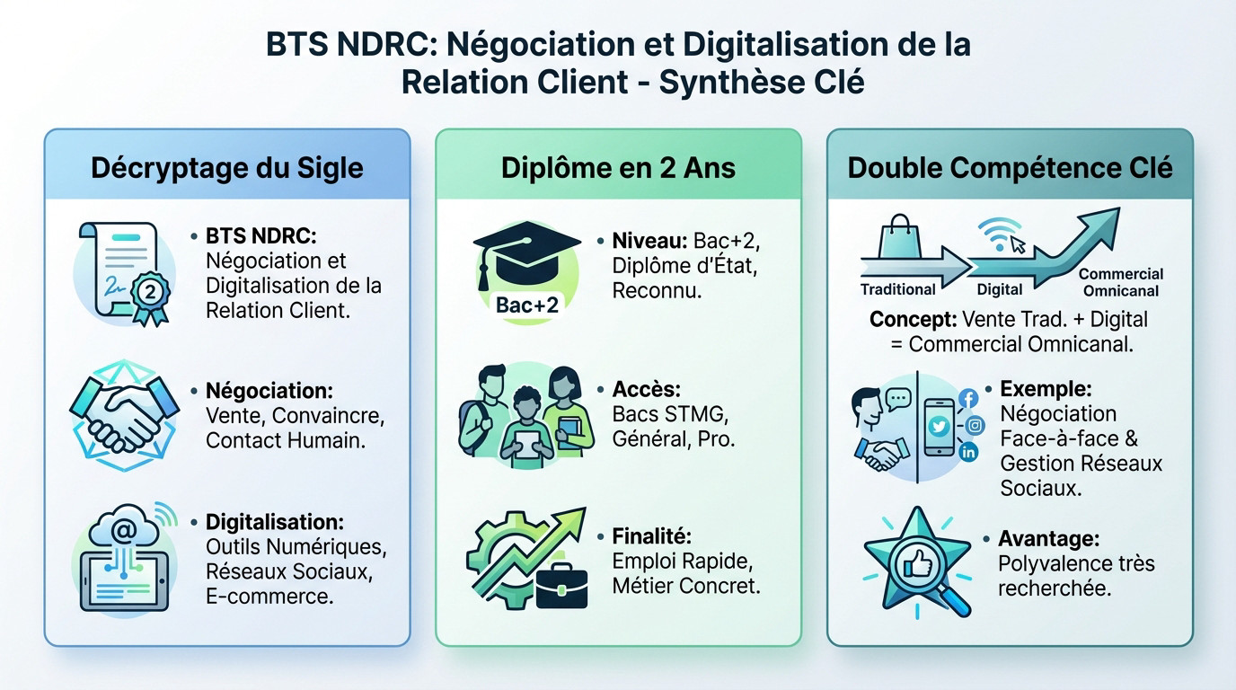 Infographie synthèse des compétences clés et débouchés du BTS NDRC