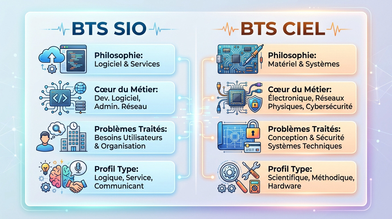 Infographie comparative des différences entre le BTS SIO et le BTS CIEL