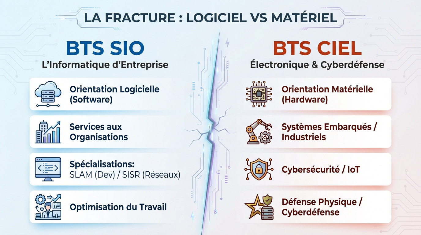 Comparaison visuelle entre le BTS SIO orienté logiciel et le BTS CIEL orienté matériel et cybersécurité