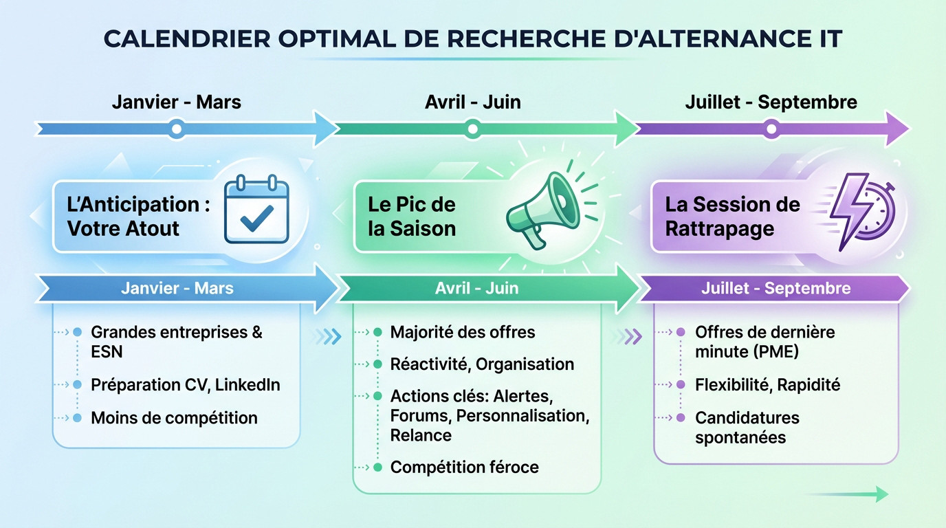 Calendrier stratégique pour trouver une alternance en informatique : les phases clés de janvier à septembre