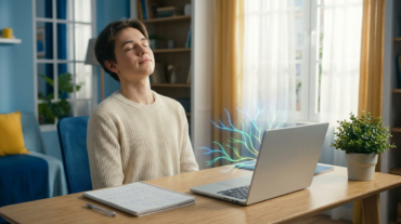 A high school student takes a calming breath at a bright desk. Laptop shows colorful pathways, symbolizing future choices. Calm, hopeful.