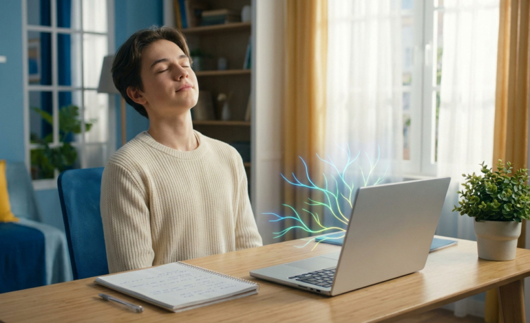 A high school student takes a calming breath at a bright desk. Laptop shows colorful pathways, symbolizing future choices. Calm, hopeful.