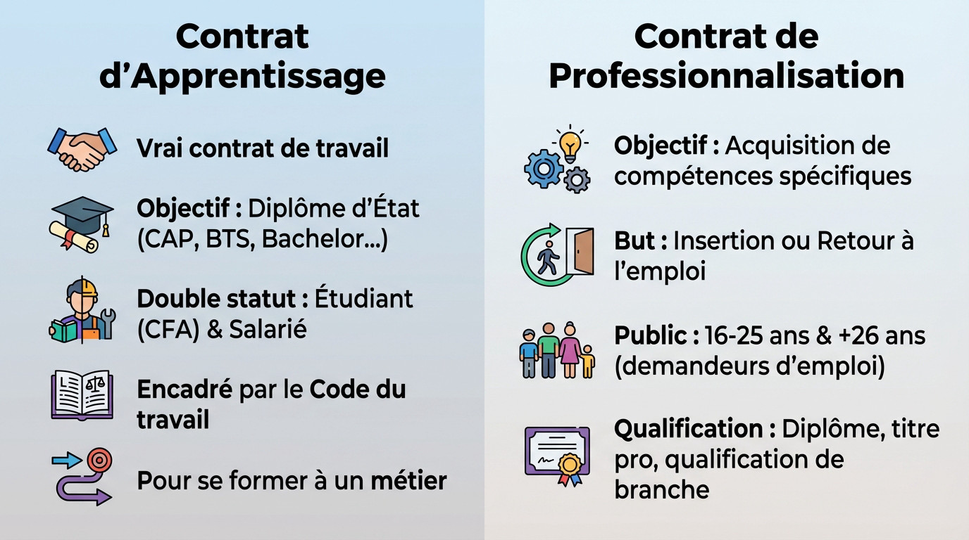 Tableau comparatif des différences entre le contrat d'apprentissage et le contrat de professionnalisation