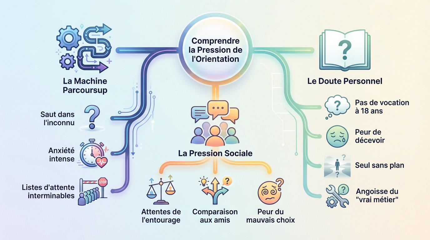 Lycéen stressé devant son ordinateur cherchant comment gérer <strong>le stress de l&rsquo;orientation post bac</strong>« ></p>
<h2 id=