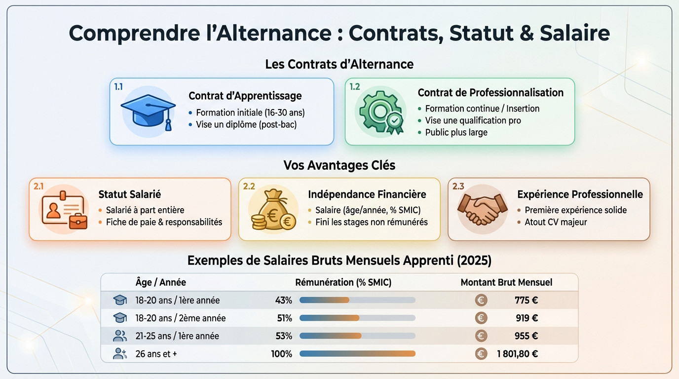 Schéma explicatif comparant le contrat d'apprentissage et le contrat de professionnalisation avec les niveaux de salaire