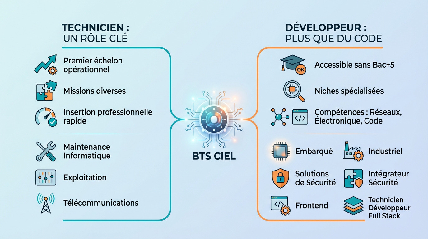 Schéma illustrant les débouchés techniciens et développeurs après un BTS CIEL