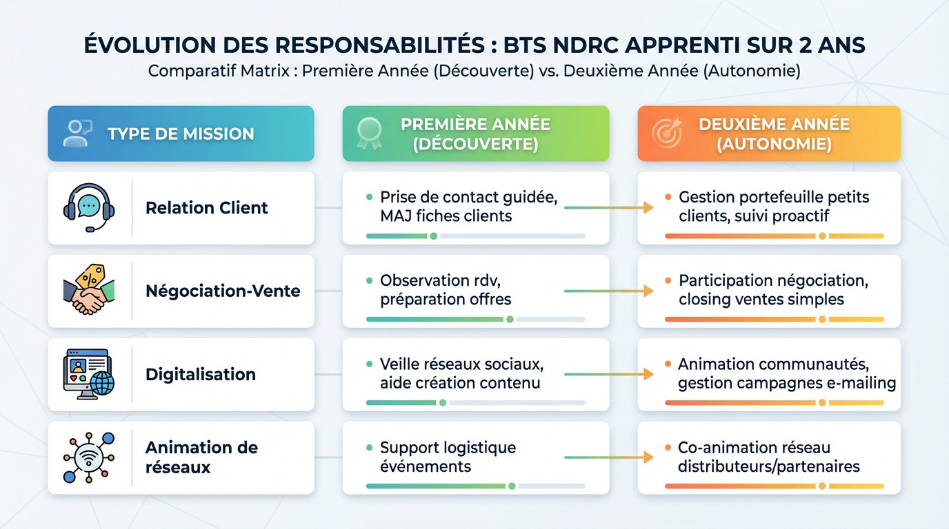 Tableau comparatif de l'évolution des responsabilités d'un apprenti en BTS NDRC entre la première et la deuxième année