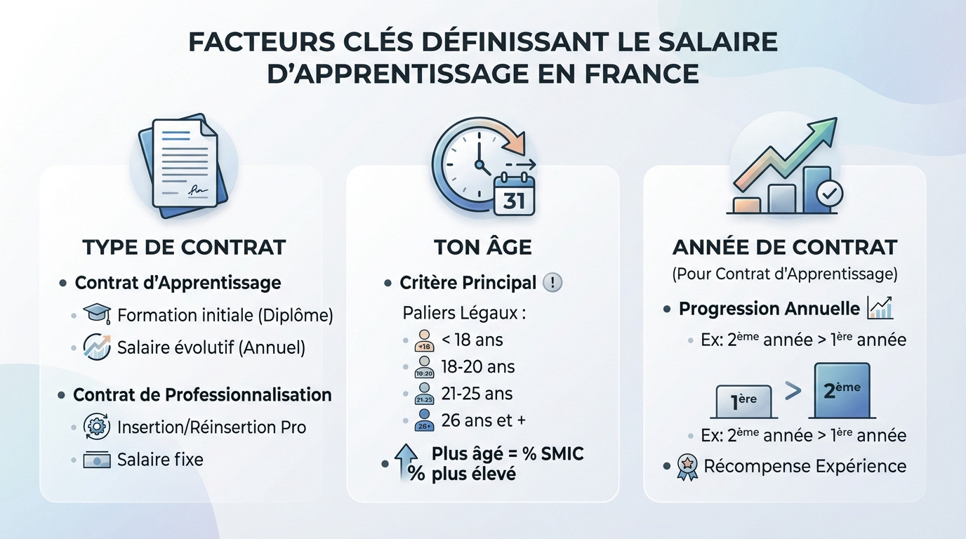 Schéma explicatif des facteurs clés déterminant le salaire d'un apprenti en France