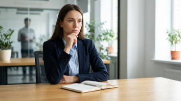 Professional woman in dark blazer, light blue shirt, sits thoughtfully at a light-wood desk with a notebook and pen in a blurred modern office.