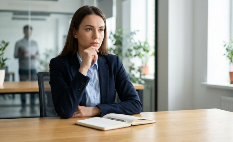 Professional woman in dark blazer, light blue shirt, sits thoughtfully at a light-wood desk with a notebook and pen in a blurred modern office.