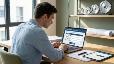 Young student intently uses laptop for Parcoursup application, with planning tablet, documents, and career symbols like gears on desk.