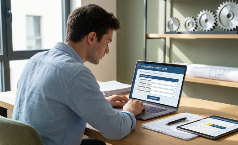 Young student intently uses laptop for Parcoursup application, with planning tablet, documents, and career symbols like gears on desk.