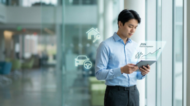 Young man in blue shirt views holographic 2026 financial progression on tablet. Blurred modern office/campus with housing/car icons.