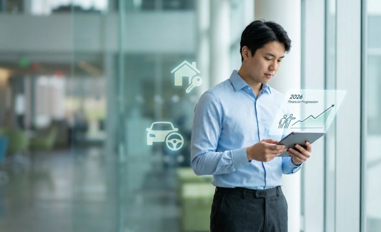 Young man in blue shirt views holographic 2026 financial progression on tablet. Blurred modern office/campus with housing/car icons.
