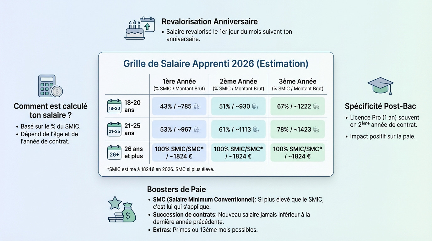 Tableau récapitulatif de la grille salariale pour un apprenti post-bac en 2026