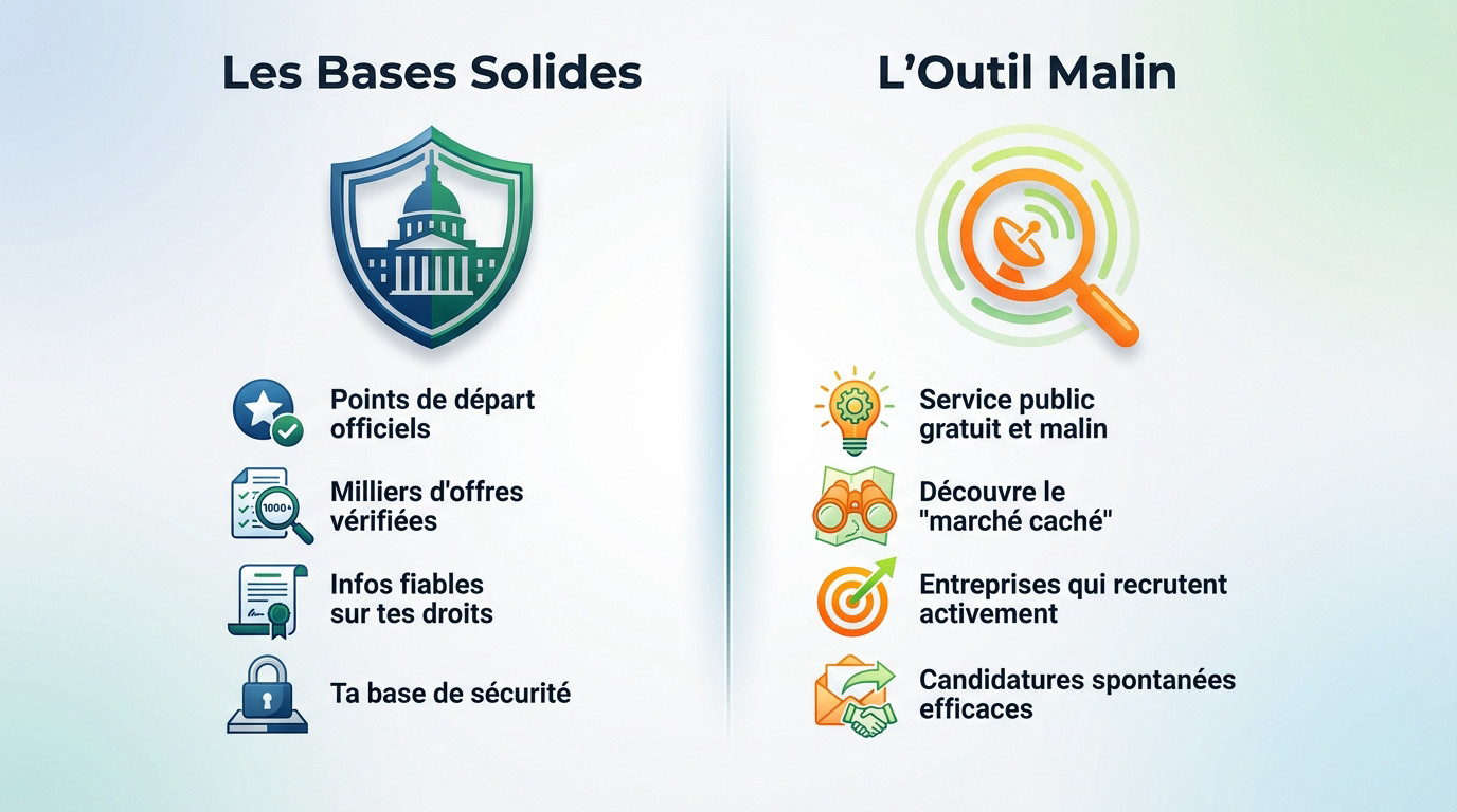 Illustration des plateformes officielles pour la recherche d'alternance : Portail de l'Alternance, France Travail et La Bonne Alternance
