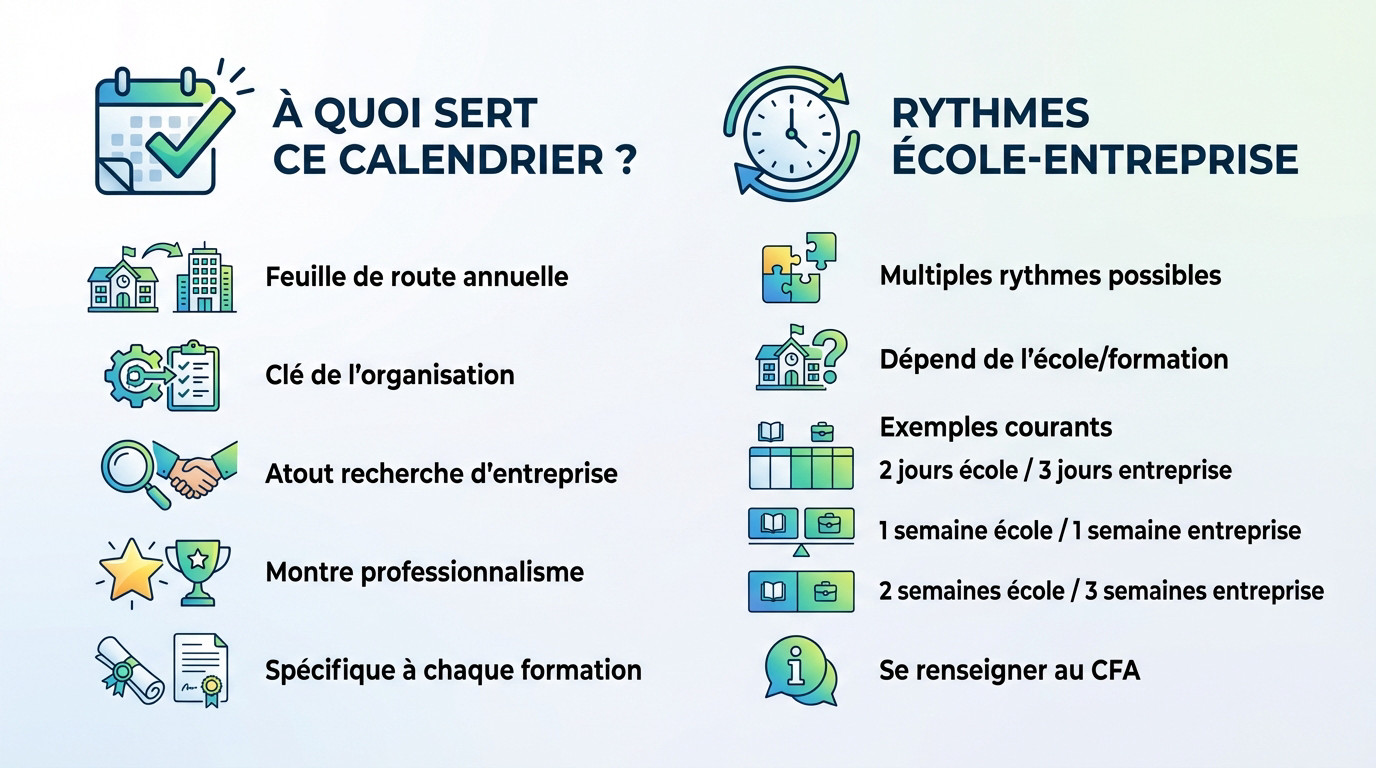 Infographie expliquant l'utilité et les rythmes du calendrier d'alternance pour les lycéens