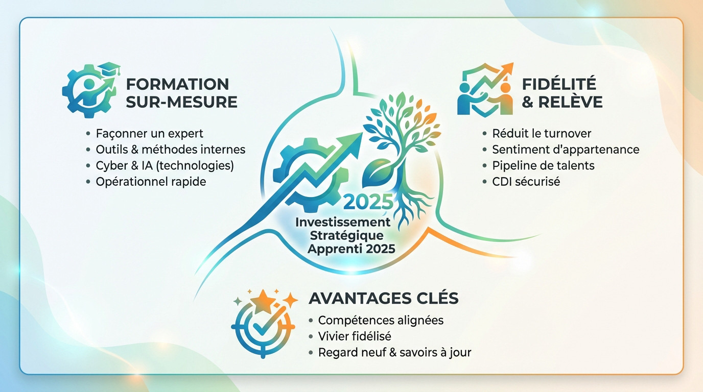Infographie détaillant les avantages stratégiques du recrutement d'un apprenti informatique en 2025