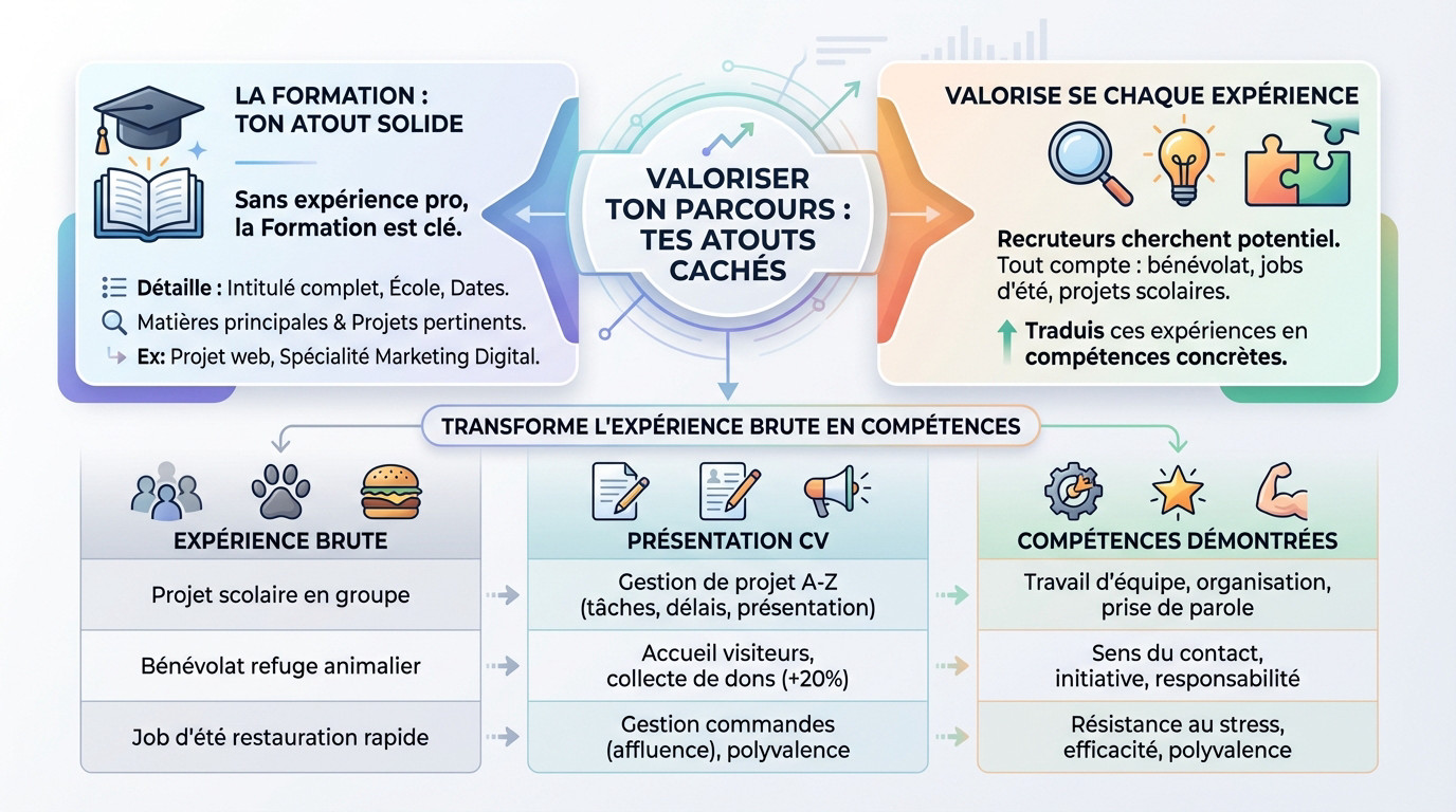 Infographie montrant comment transformer ses expériences scolaires et bénévoles en compétences professionnelles pour un CV d'alternance