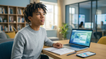 Jeune étudiant pensif face à son ordinateur portable, carnet et smartphone, planifiant son orientation post-bac et alternance.