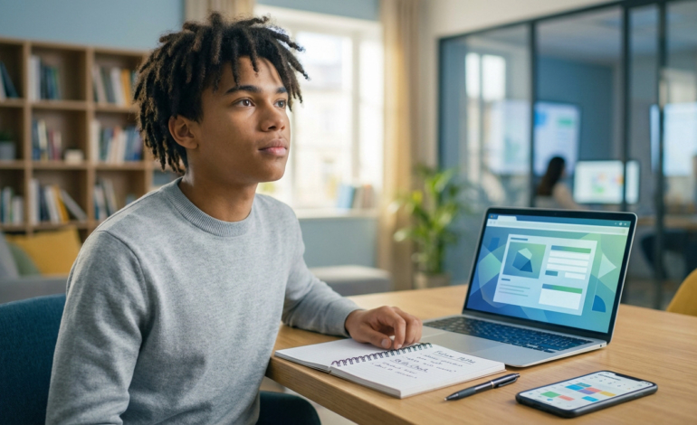Jeune étudiant pensif face à son ordinateur portable, carnet et smartphone, planifiant son orientation post-bac et alternance.