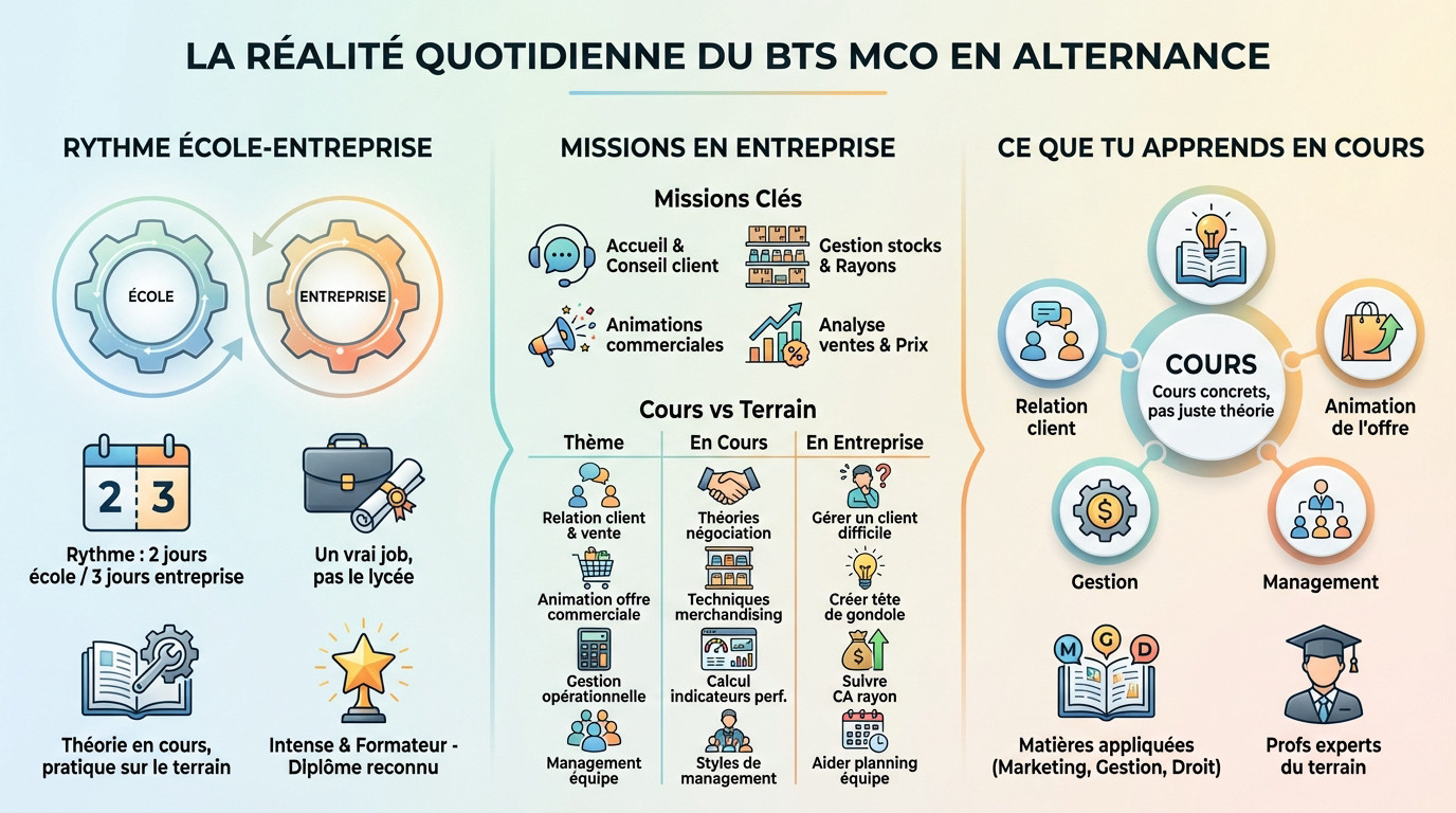 Étudiant en BTS MCO en alternance conseillant un client en rayon