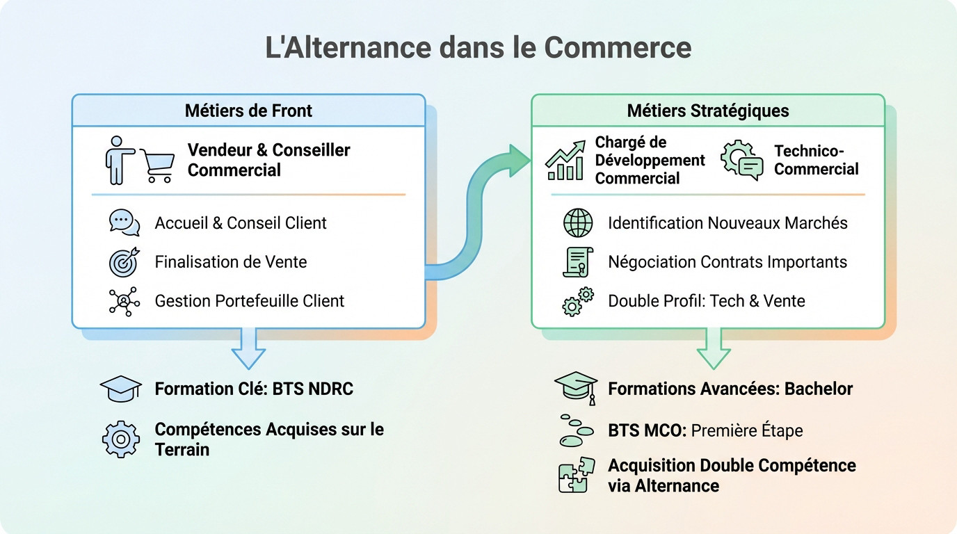 Schéma montrant l'évolution de carrière dans le commerce en alternance, du vendeur au business developer