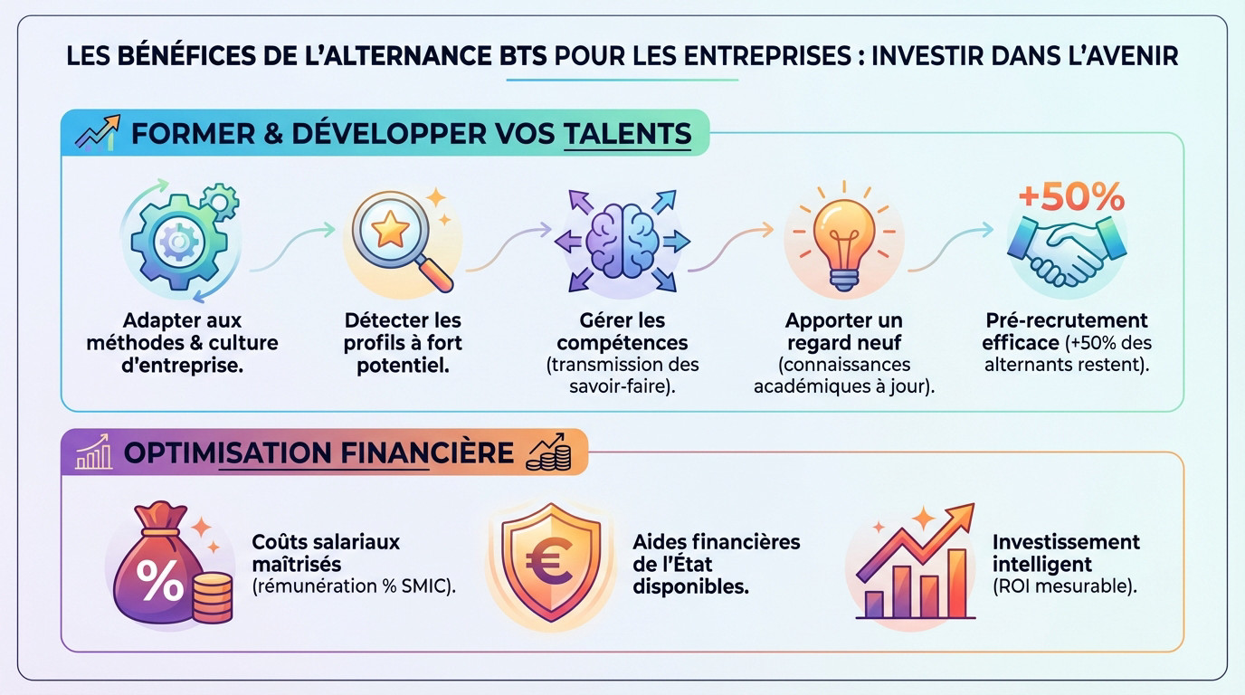 Collaborateurs en entreprise échangeant sur les avantages du recrutement d'un alternant en BTS