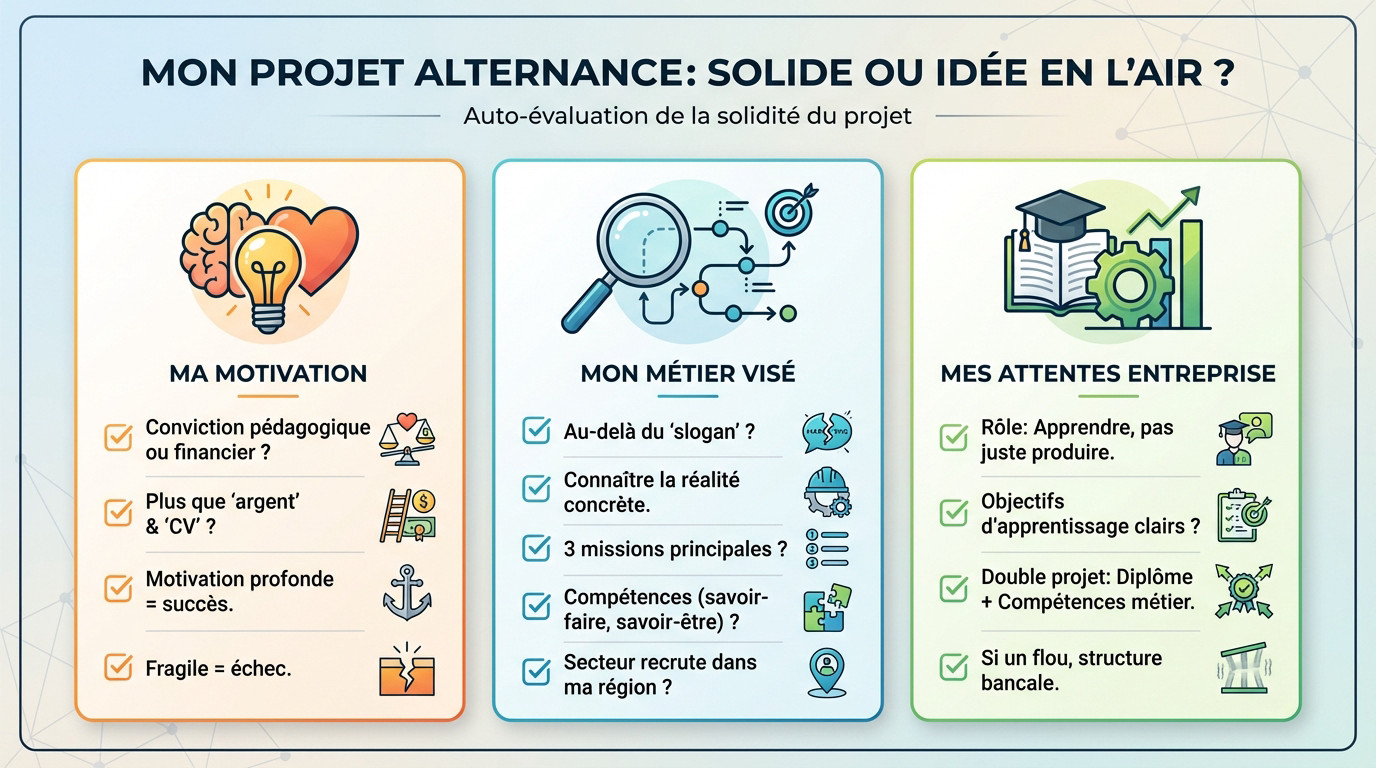 Jeune étudiant se posant des questions sur son choix d'alternance face à un projet professionnel