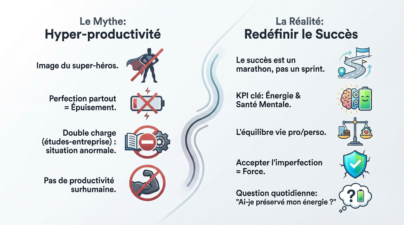 Schéma comparant le mythe de l'hyper-productivité à la réalité de la réussite durable pour un étudiant entrepreneur