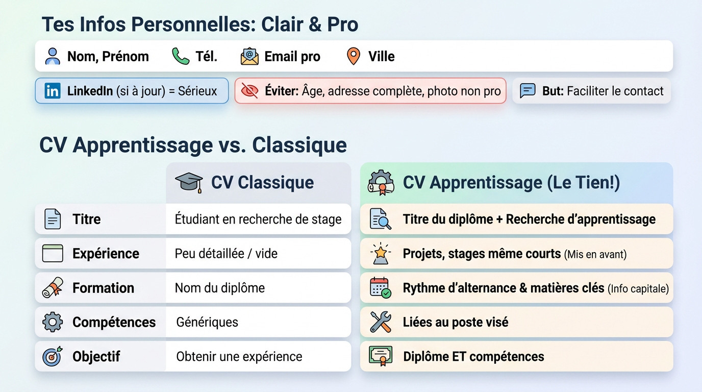 Infographie montrant les points clés pour optimiser un CV en apprentissage : structure, infos de contact et mise en avant des compétences