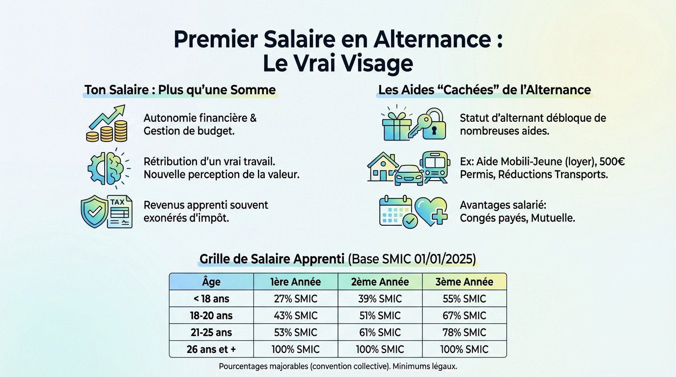 Jeune alternant découvrant son premier salaire et gérant son budget