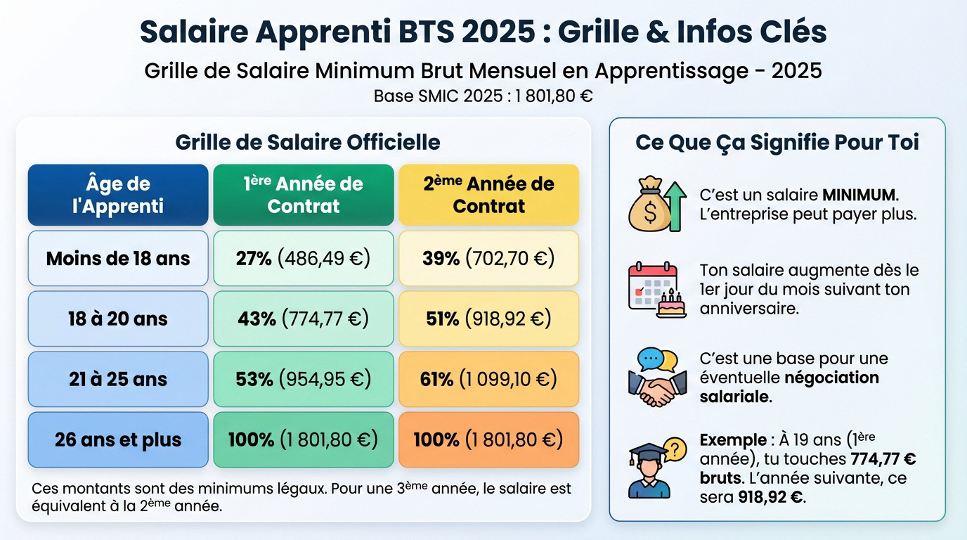 Tableau des rémunérations en contrat d'apprentissage BTS pour 2025 selon l'âge