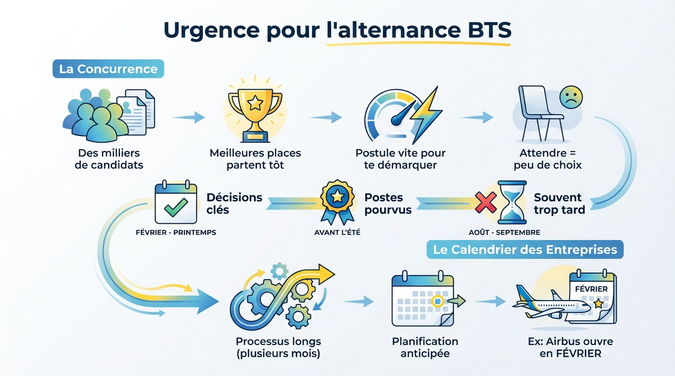 Étudiant consultant sa montre avec anxiété, illustrant l'urgence de la recherche d'alternance BTS