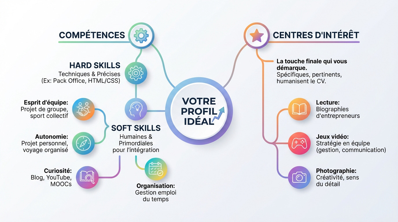 Schéma illustrant l'équilibre entre compétences techniques et soft skills pour un profil idéal en alternance