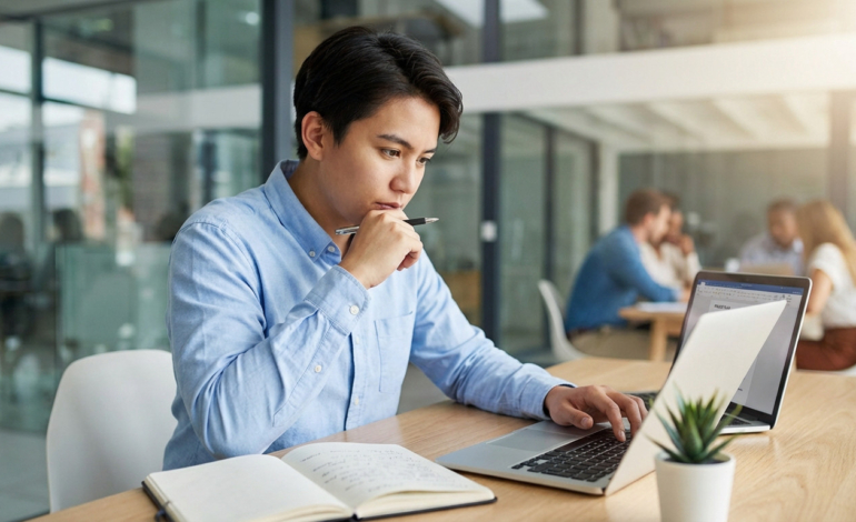 Young professional deeply focused, reviewing a project plan on a laptop and notebook in a bright, modern co-working space.