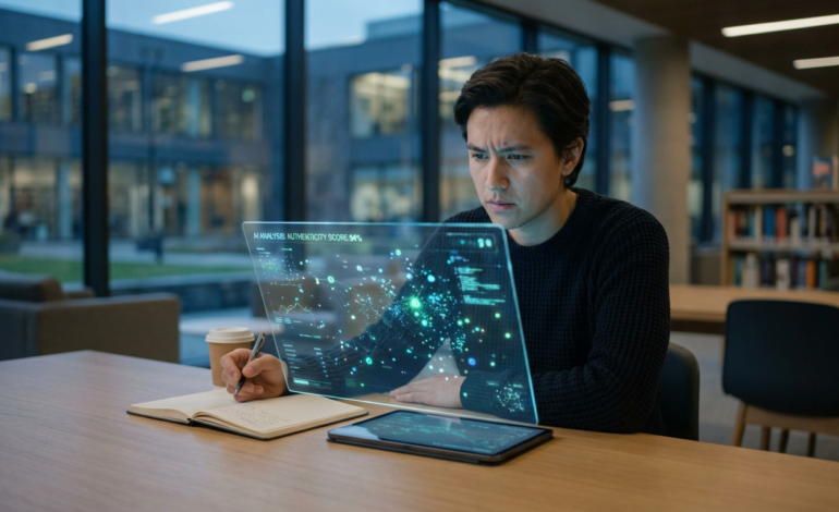Young man intently studies AI authenticity data on a glowing holographic screen in a modern library, taking notes in a physical notebook.