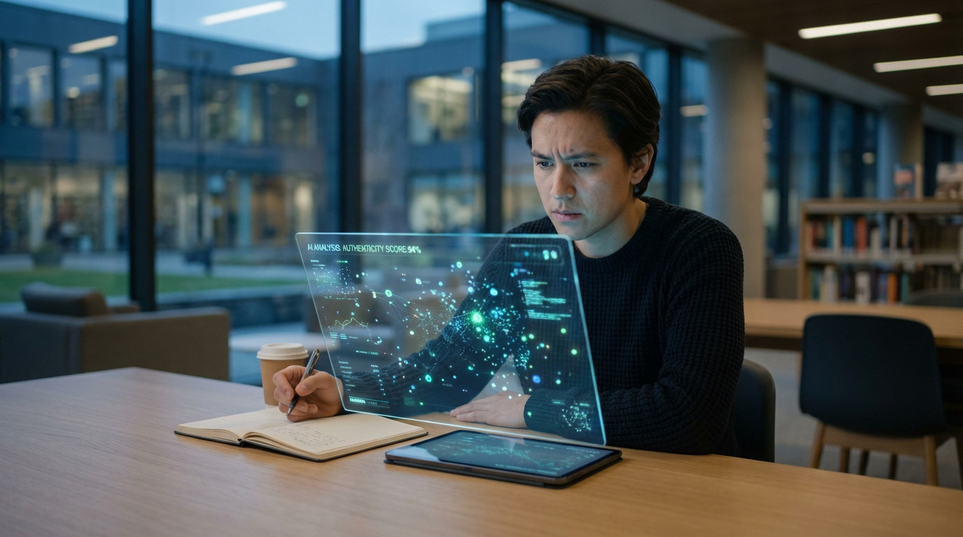 Young man intently studies AI authenticity data on a glowing holographic screen in a modern library, taking notes in a physical notebook.