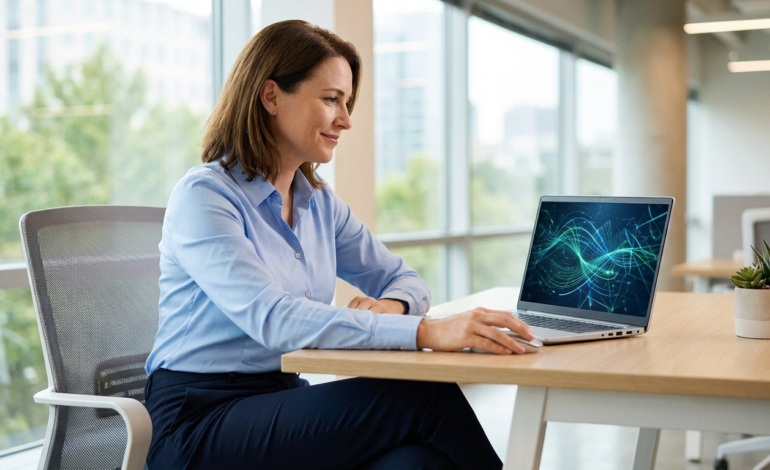 Confident woman in modern office, engaged with a laptop displaying abstract blue-green AI visualization. Bright, productive scene.