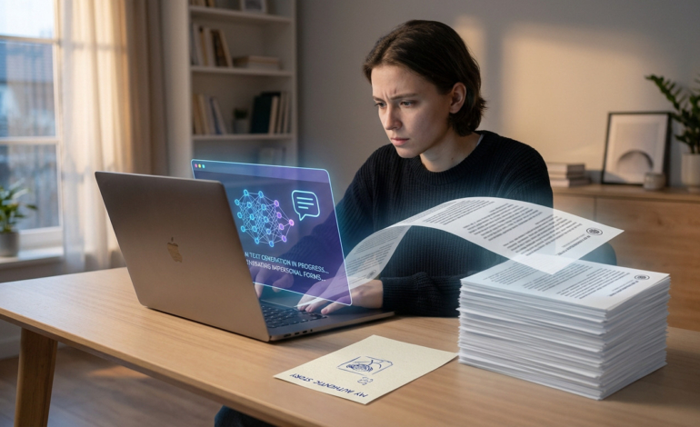 Person at desk watches AI generate identical forms from laptop, contrasting with a unique handwritten document.