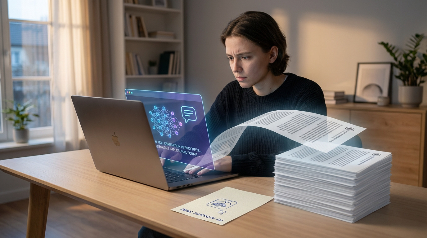 Person at desk watches AI generate identical forms from laptop, contrasting with a unique handwritten document.