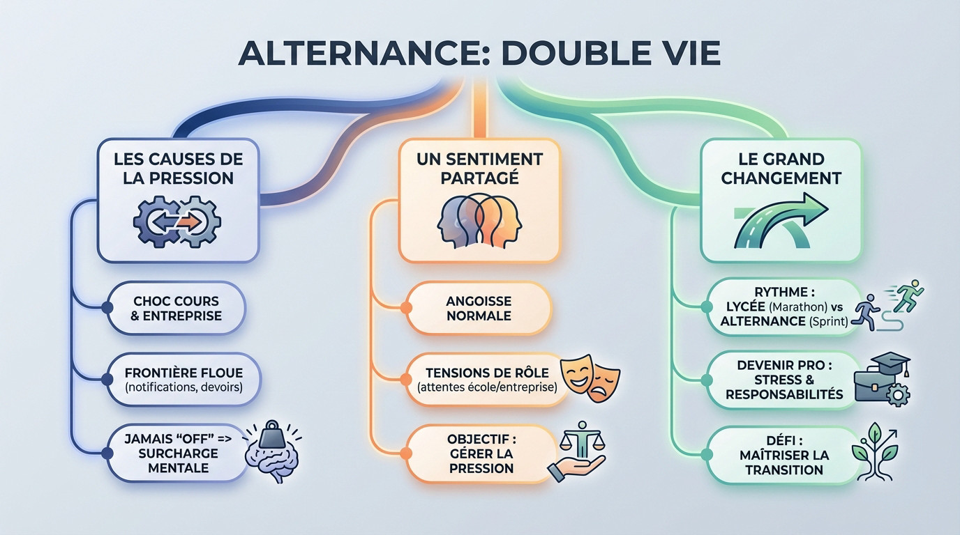 Étudiant en alternance ressentant la pression entre ses cours et son travail en entreprise