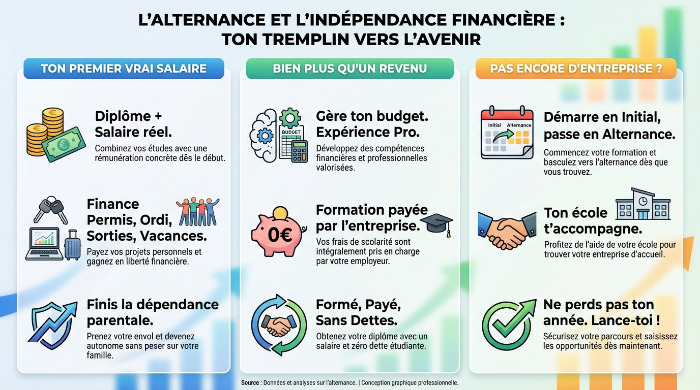 Étudiant heureux recevant son premier salaire en alternance pour financer son permis et ses projets