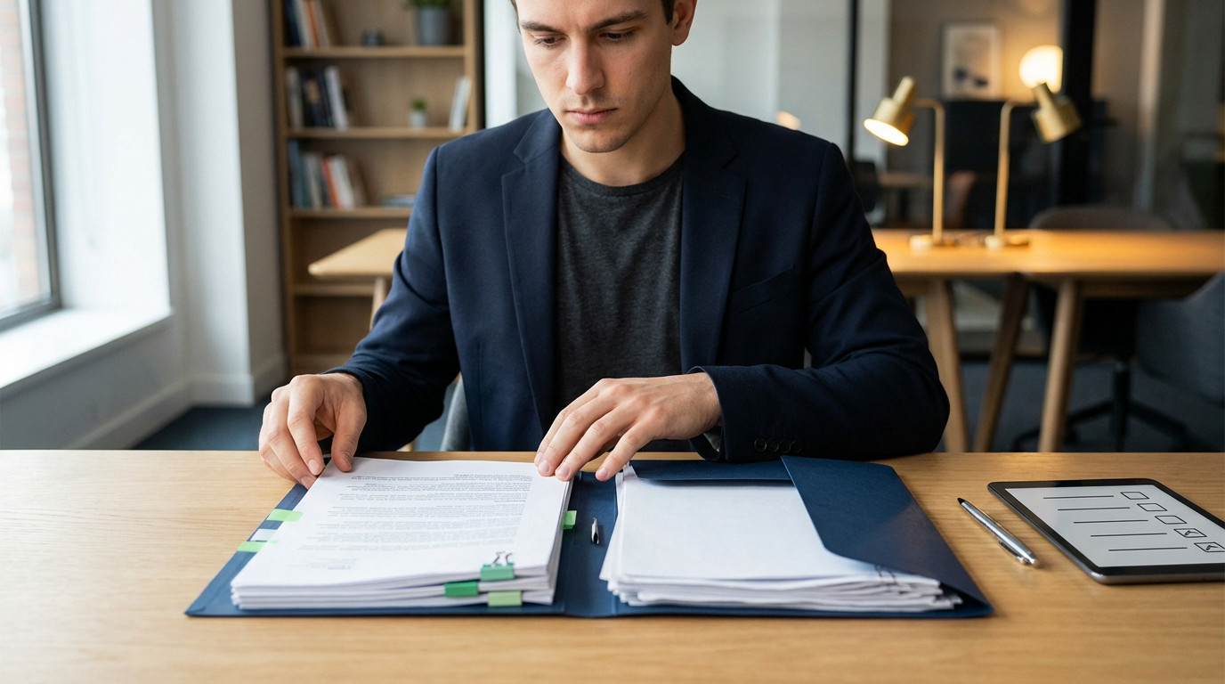 A focused young man reviews application documents in a folder, with organized sections and a subtle suggestion of missing elements. Checklist visible.