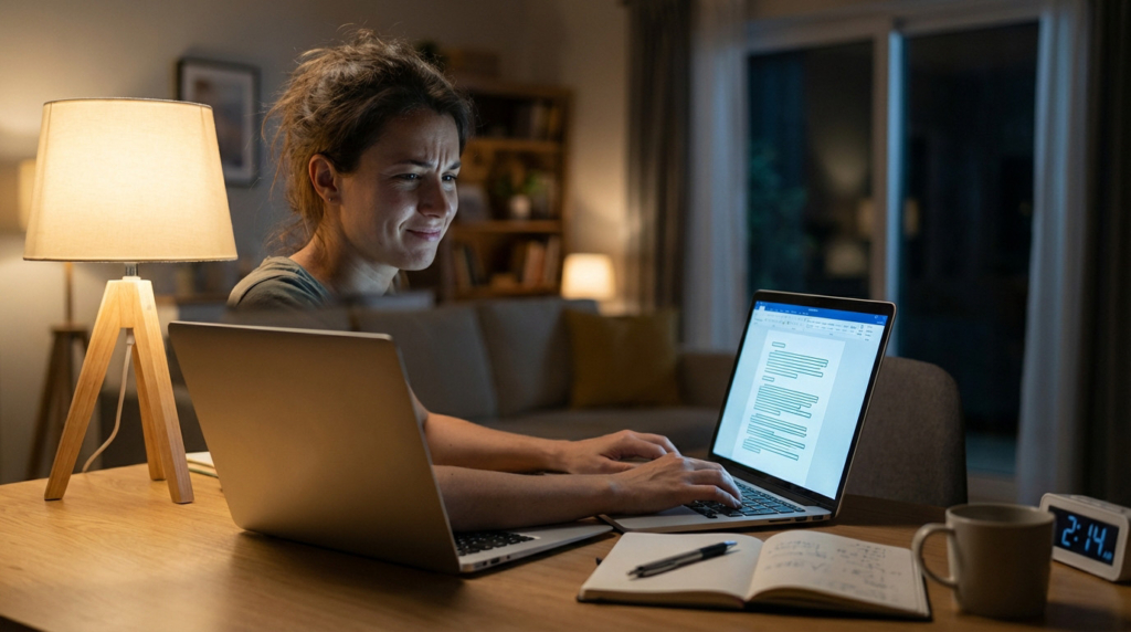 Young adult focused intently on a laptop at a warm, dimly lit desk, typing a document. A lamp, notebook, pen, and digital clock showing 2:14 are visible.