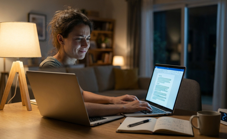 Young adult focused intently on a laptop at a warm, dimly lit desk, typing a document. A lamp, notebook, pen, and digital clock showing 2:14 are visible.